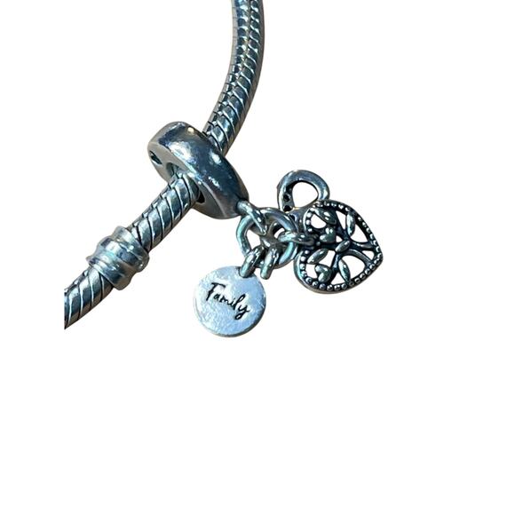 Pandora 925 Sterling Silver Bracelet with Rose Charm & Family Heart Dangle - Picture 3 of 12